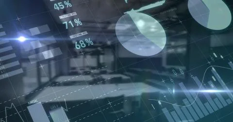 Financial data processing over world map against empty office in background Stockfoto's