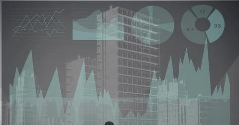 Financial data processing statistics recording over modern cityscape in 스톡 사진
