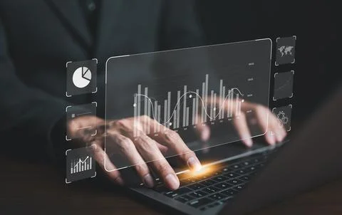 Financial data report graph concept. Businessman or Analyst using KPI Stock Photos