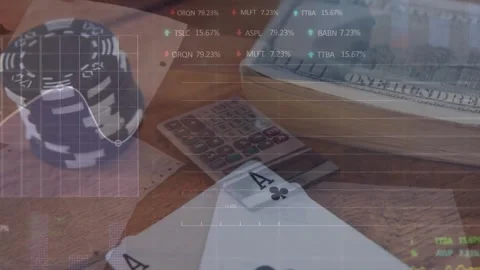 Financial data is shown being animated over documents and a calculator on a desk Stock Footage 329292057