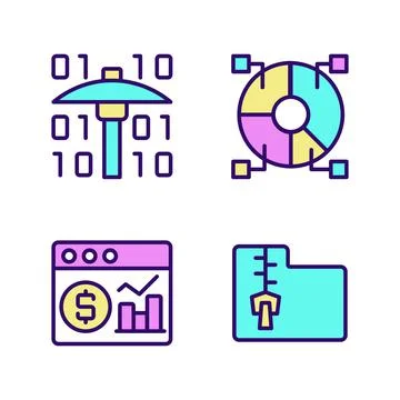 Financial data techniques RGB color pixel perfect icons set Illustrazione stock