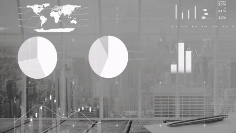 Financial data visualization animation over cityscape with charts and graphs Stock Footage 303878386
