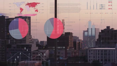 Financial data visualization animation over cityscape with charts and graphs Stock Footage 305432234