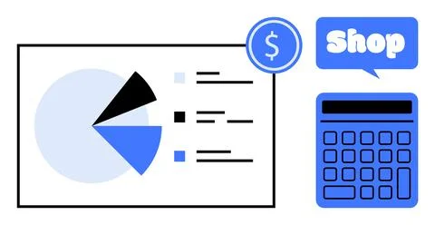 Financial Data Visualization with Pie Chart and Calculator for Online Shop Illustrazione stock