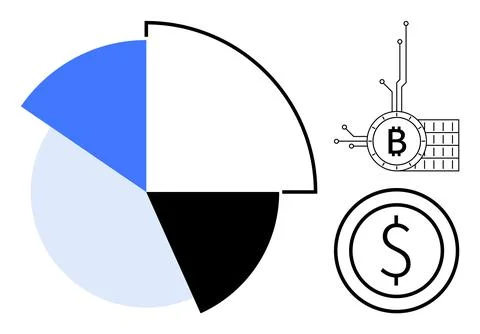 Financial Data Visualization with Pie Chart and Cryptocurrency Symbols Stock Illustration