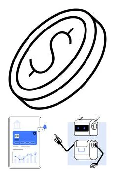 Financial Digital Solutions Featuring a Coin, Mobile Banking Interface, and.. Stock Illustration