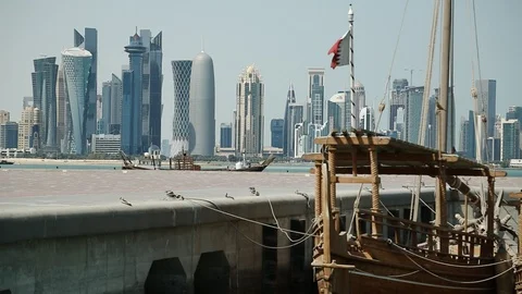 Financial district and dhows in Doha city, Qatar Video stock 101473394