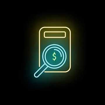Financial document analysis with magnifying glass neon icon Stock Illustration