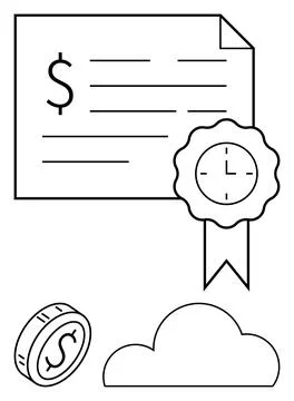 Financial document with dollar sign, coin, and cloud below clock on ribboned  Stockillustratie
