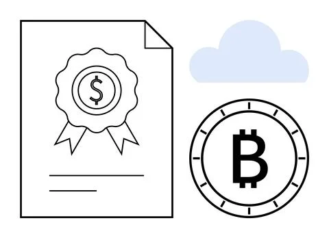 Financial document with dollar symbol, Bitcoin coin, and cloud symbol. Ideal  Stock Illustration