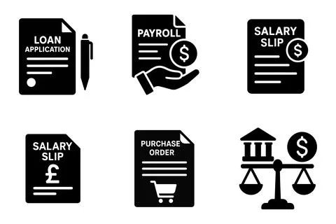 Financial document icons including loan payroll salary and legal scales iso.. Stock Illustration