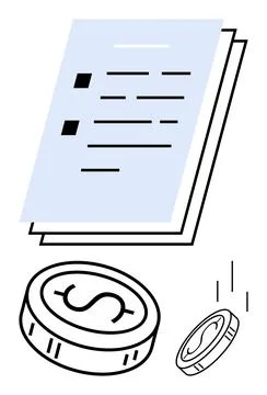 Financial document with stack of papers and falling coins, representing eco.. Stock Illustration