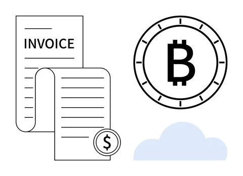 Financial Documents, Bitcoin Circle, and Cloud Representing Modern Business.. Illustrazione stock