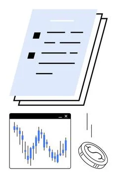Financial documents with charts, a data graph, and a falling coin icon. Ideal Stock Illustration