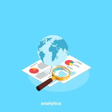 Financial documents with graphs and a globe with a magnifying glass, an isome Illustrazione stock