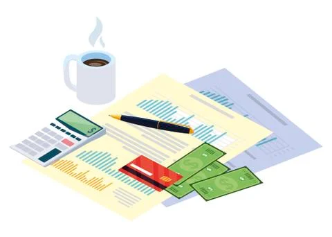 Financial documents with office items Illustrazione stock