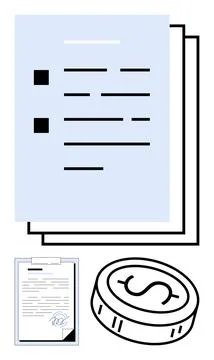 Financial documents stacked with checklist, clipboard featuring signed agreem Stockillustratie