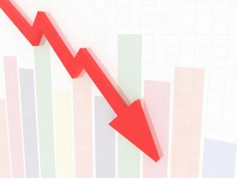Financial down arrow with statistical bars grid white background 3d rendering Stock Illustration