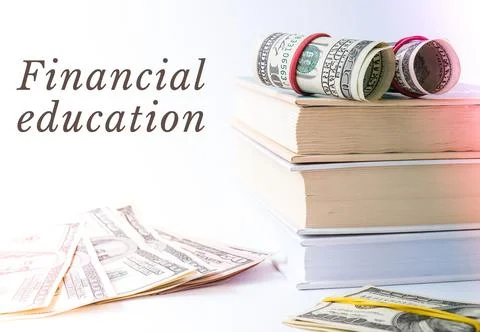 Financial education Knowledge leads to wealth. Stack of books with dollars. C 스톡 사진