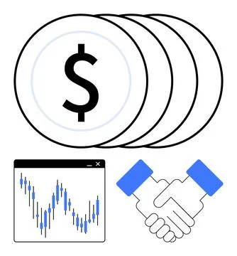 Financial elements featuring currency, stock market graph, and handshake re.. Stock Illustration