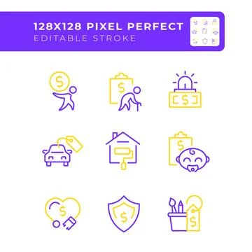 Financial expenses pixel perfect two color line icons set Stock Illustration
