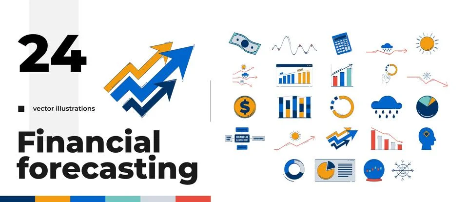 Financial forecasting charts and analytics cartoon flat illustrations bundle 스톡 일러스트