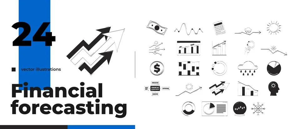 Financial forecasting charts and analytics outline illustrations bundle 스톡 일러스트
