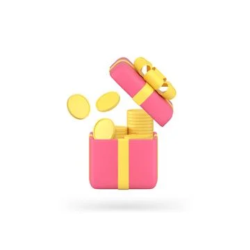 Financial gift box open present surprise full of golden cash coin money stack Stock Illustration