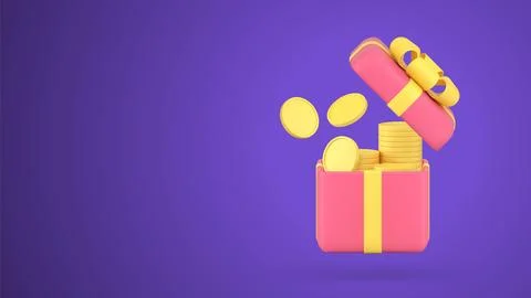 Financial gift box open present surprise full of golden cash coin money sta.. Illustrazione stock