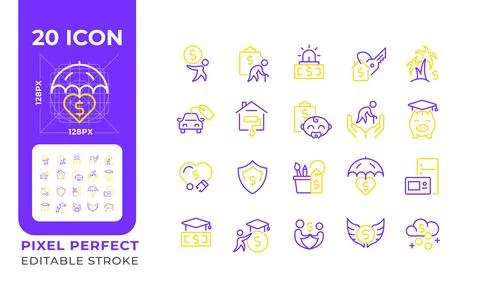 Financial goals pixel perfect two color line icons set Stock Illustration