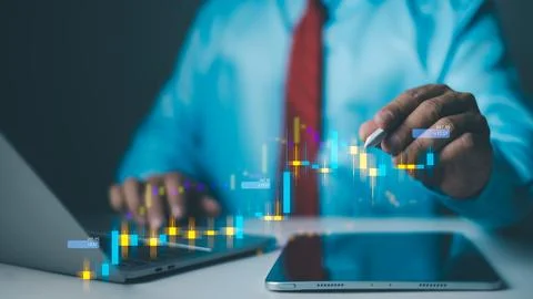 Financial graph analysis on virtual screen, Stock market, Business growth, .. Stock Photos