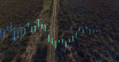 Financial graph and data analysis image over aerial view of rural landscape Illustrazione stock