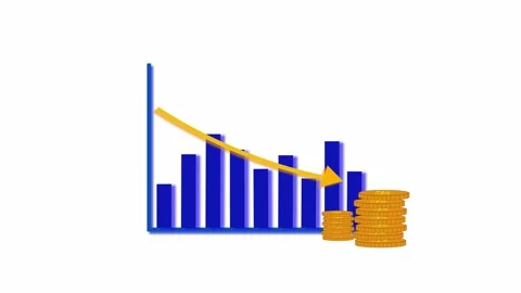 Financial graph with blue declining bars, yellow downward arrow, and gold c.. Stock Footage 321450299