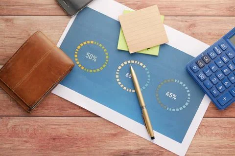 Financial graph, calculator and notepad on table Stock Photos
