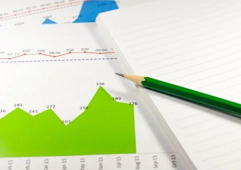 Financial graph chart with notebook and green pencil. business concept Stock Photos
