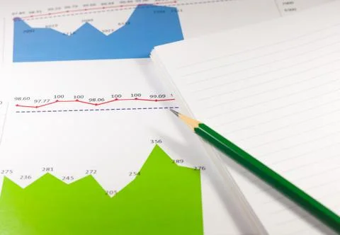 Financial graph chart with notebook and green pencil. business concept Stock Photos