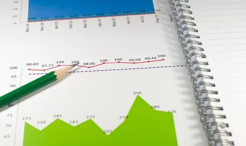 Financial graph chart with notebook and green pencil. business concept Stock Photos