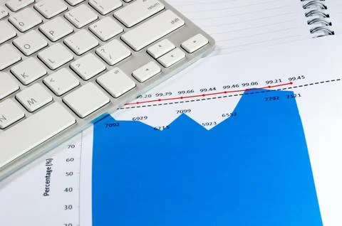 Financial graph chart with notebook and keyboard. business concept Stock Photos