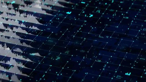 Financial graph hologram on table with computer background. 3D render. Stock Illustration