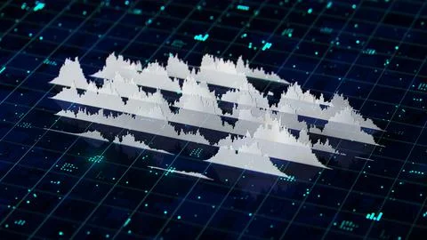 Financial graph hologram on table with computer background. 3D render. Stock Illustration