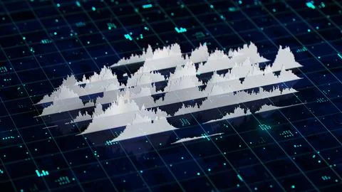 Financial graph hologram on table with computer background. 3D render. Stock Illustration