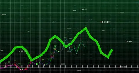 Financial graph image with fluctuating green line over grid background Illustrazione stock