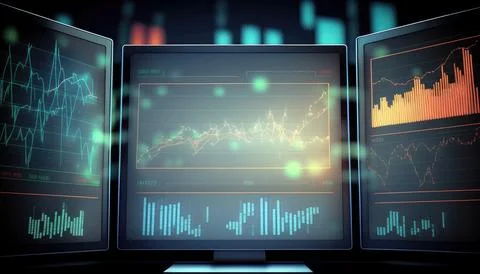 Financial graphs and analytics displayed on computer screens. Illustrazione stock