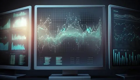 Financial graphs and analytics displayed on computer screens. Illustrazione stock