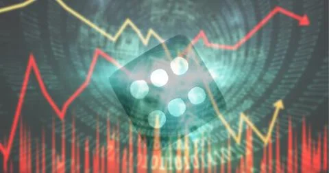 Financial graphs and computer code over dice against green background, finance Stock Illustration