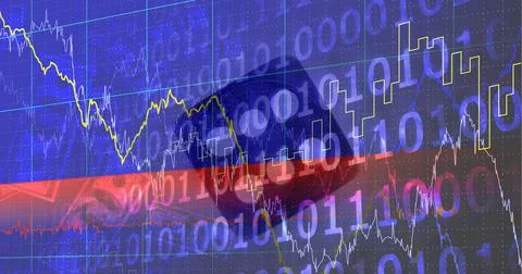 Financial graphs and computer code over dice against blue background, technology Stock Illustration