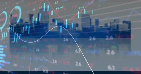 Financial graphs and data processing image over city skyline background 스톡 사진