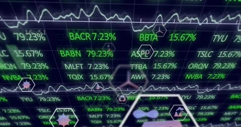 Financial grid moving forward after percentage spike, panning and floating icons Stock Footage 320726034