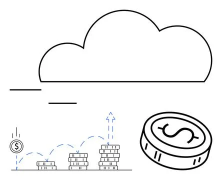 Financial Growth and Cloud Computing Symbolized by Coins and Cloud Outline イラスト素材