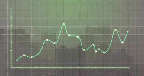 Financial growth chart animating on semi-transparent grid over hazy city Stock Footage 308653944